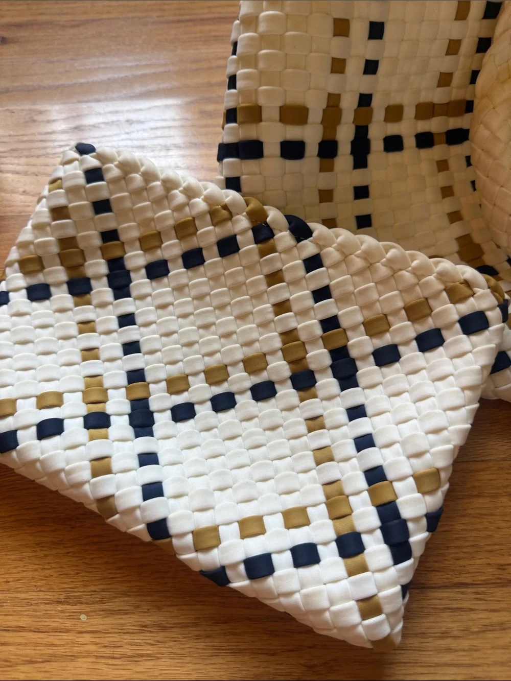 NAGHEDI Woven Plaid Tote Bag with Matching Pouch - Cream, Navy & Mustard